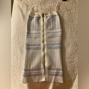 White and Light Blue Patterned Bandage Midi Skirt